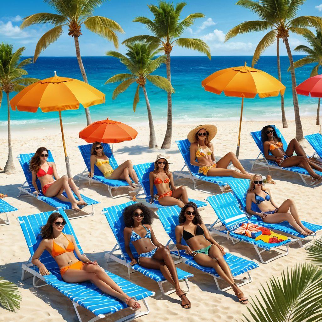 A vibrant summer scene depicting a diverse group of stylish individuals lounging on a sunny beach, showcasing various chic bikini styles. Include colorful beach umbrellas, palm trees swaying in the breeze, and a backdrop of azure waters. Accentuate the fashion details like patterns and accessories while capturing the carefree vibe of summer. bright colors. super-realistic. 3D.